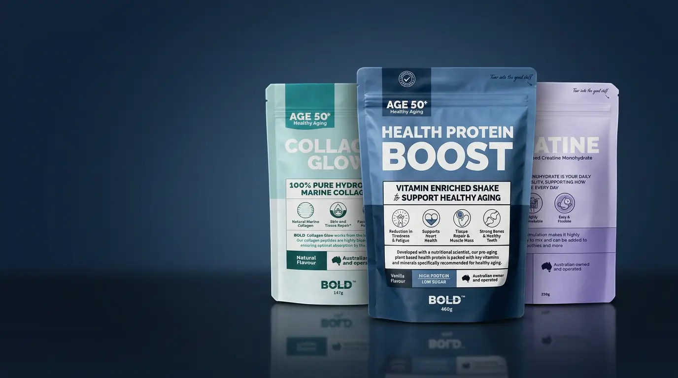BOLD Collagen Glow, Health Protein Boost and Creatine packs