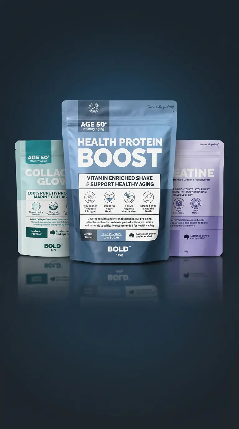 BOLD Collagen Glow, Health Protein Boost and Creatine packs