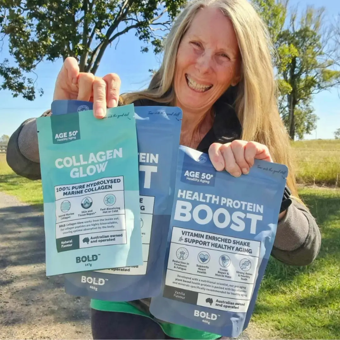 Customer holding Collagen Glow and Health Protein Boost