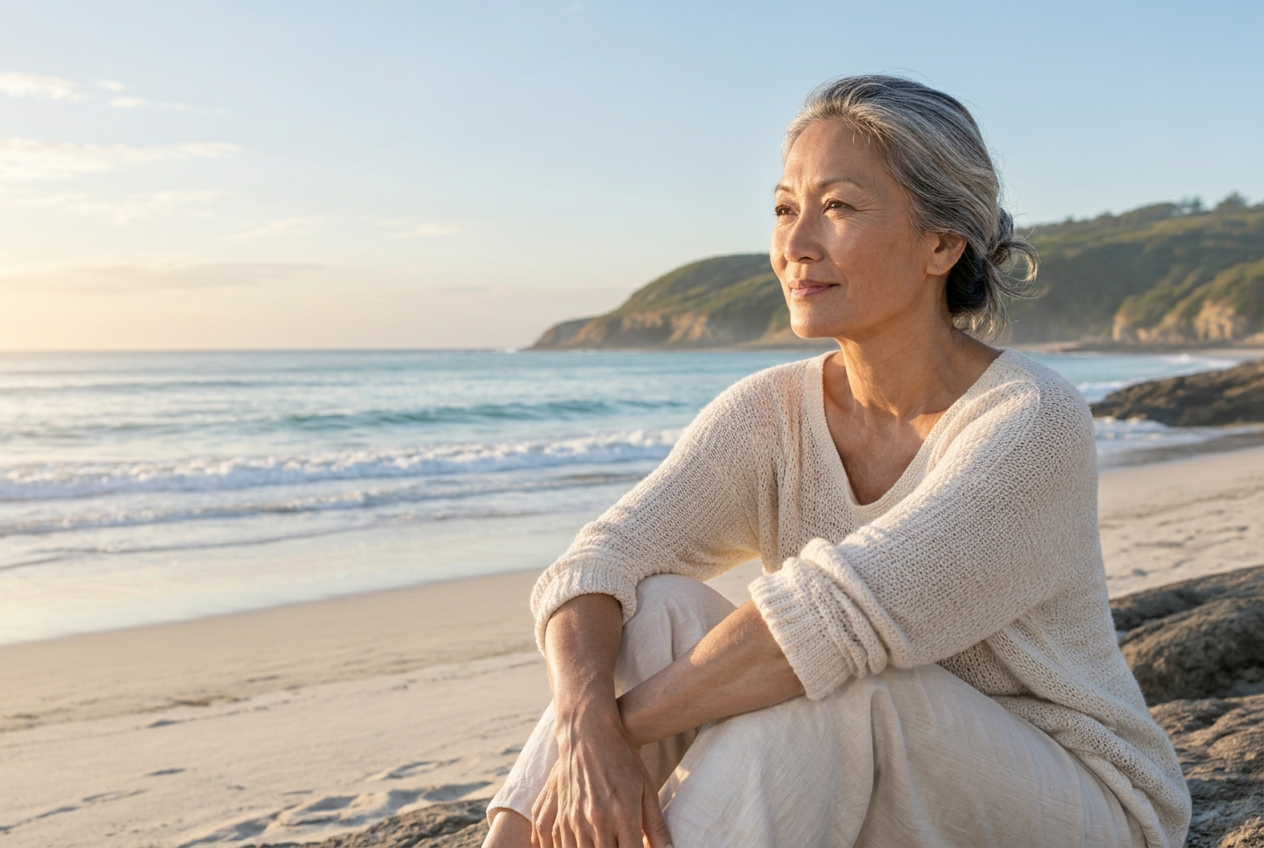 Woman in her late 50s enjoying a walk along the Australian coast